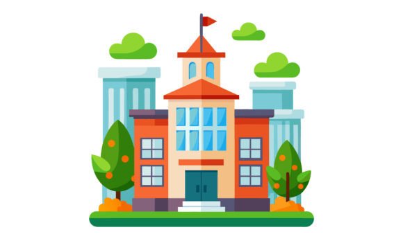 Flat Illustration of a School Building: Graphics and Crafts