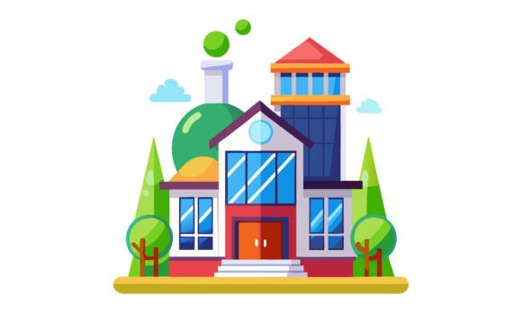 Modern Cartoon School Building Graphics